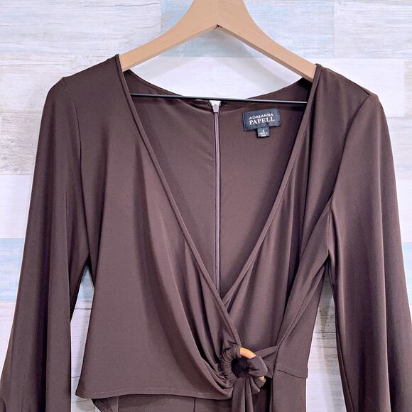 Adrianna Papell Jersey Wrap Dress Brown 3/4 Sleeve V Neck Stretch Womens 6 - Picture 2 of 7